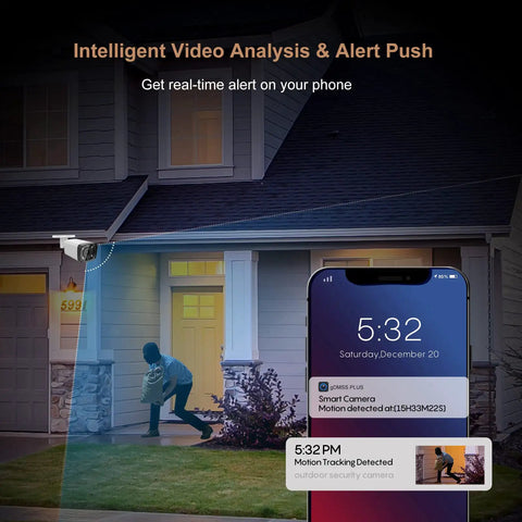4MP PoE Bullet Security Camera With 5X Optical Zoom Motorized Lens 2.7-13.5mm showing motion detection alert on phone app.