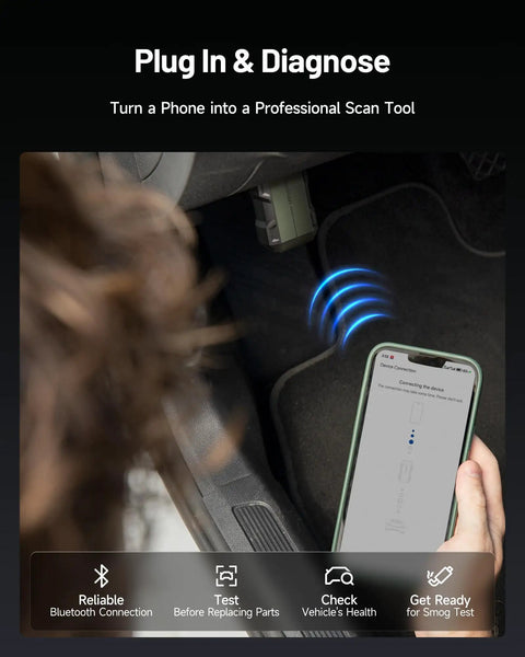 Bi Directional OBD2 Bluetooth Scanner For iPhone And Android With All System Diagnostics CAN FD AutoAuth AI Assistant And 13 Plus Hot Reset Car Scanner Upgraded Code Reader Game Changer in use with phone showing diagnostics interface