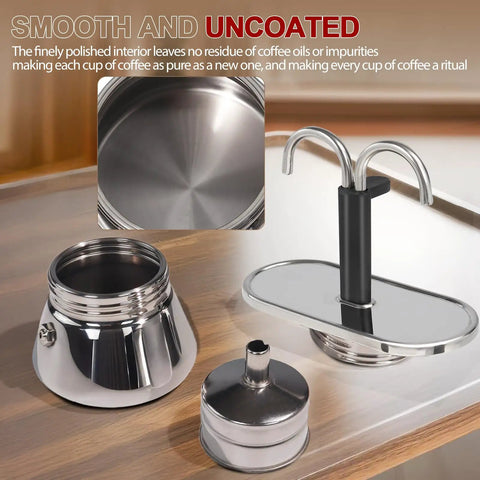 Heavy Duty 2 Cup Dual Pipe Moka Pot Crafted From Thickened 304 Stainless Steel Using Fully Uncoated Inner Walls For Rock Solid Extraction That Totally Slaps When You Kickstart Your Daily Grind showing polished inner and dual pipes.