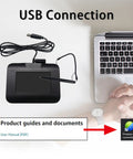 Plug And Play Electronic Signature Tablet Featuring Color Backlit LCD Screen Smooth Stylus Pen For No Sweat Pdf Document Signing On Windows Computers And Laptops Built For Busy Professionals connected via USB with laptop and user.