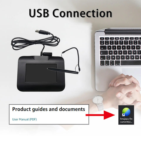 Plug And Play Electronic Signature Tablet Featuring Color Backlit LCD Screen Smooth Stylus Pen For No Sweat Pdf Document Signing On Windows Computers And Laptops Built For Busy Professionals connected via USB with laptop and user.
