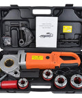 Job Site Ready Electric Pipe Threader Beast With A Lightning Quick Copper Motor and Easy Swap Dies for Half to Two Inch Metal Pipe Threading Projects Portable Handheld Ratchet Power Tool in a sturdy case with accessories.