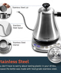 Cosori Gooseneck Electric Kettle 0.8 Liters Silver Precision Pour Over Coffee And Tea Maker showing stainless steel lid and spout.