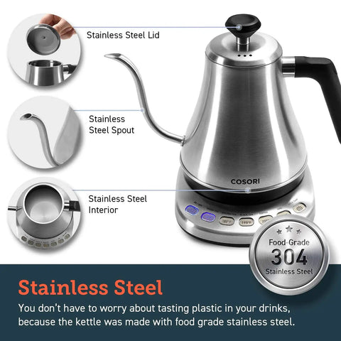 Cosori Gooseneck Electric Kettle 0.8 Liters Silver Precision Pour Over Coffee And Tea Maker showing stainless steel lid and spout.
