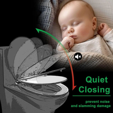 Toilet Seat Slow Close for Bathroom Replacement with quiet closing feature, designed for peaceful use near sleeping baby.