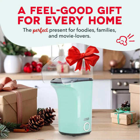Fast 3 Minute Oil Free Hot Air Popcorn Maker 16 Cup Capacity Electric Popper Machine in mint green with gift bow.