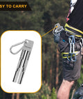 Easy To Use No Brainer Roof Shingle Gauge with carabiner attached to a climber's belt, silver, used for estimating shingle warranty