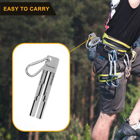 Easy To Use No Brainer Roof Shingle Gauge with carabiner attached to a climber's belt, silver, used for estimating shingle warranty