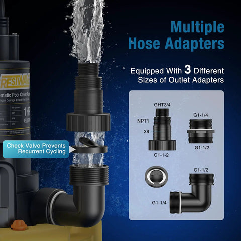 Multiple hose adapters for 1 Hp Automatic Pool Cover Pump With 4500 GPH Submersible Water Pump, includes check valve adapter.
