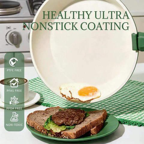 Nonstick Ceramic Cookware Set Eight Piece With Detachable Handle shown with fried egg, emphasizes PFAS and PFOA free benefits