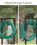 Beefy Freestanding Metal Hose Holder Stand With 4 Anchor Points And 6 Hooks Holds Up To 150 Feet Of Hose Heavy Duty Outdoor Hose Storage And Reel Alternative For Garden Yard And Lawn, showing large and small hooks for hose and tools.