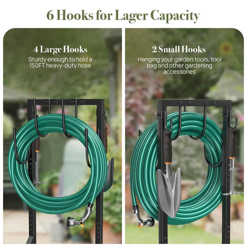 Beefy Freestanding Metal Hose Holder Stand With 4 Anchor Points And 6 Hooks Holds Up To 150 Feet Of Hose Heavy Duty Outdoor Hose Storage And Reel Alternative For Garden Yard And Lawn, showing large and small hooks for hose and tools.