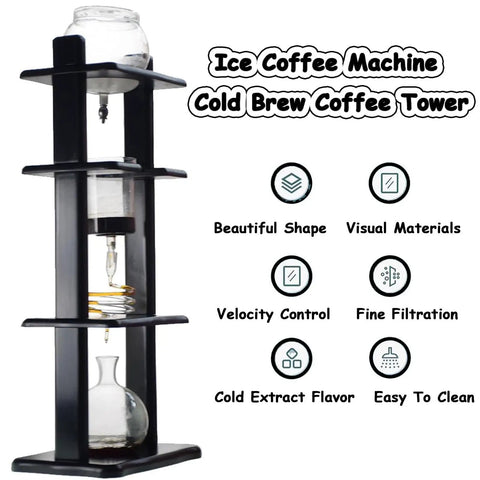 Portable Ice Drip Coffee Maker Crafted From Reclaimed Pine Wood And Clear Glass Tower for cold brew coffee extraction.
