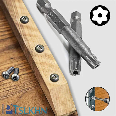 Rock Solid Security Torx Screwdriver Bit Set Featuring Magnetic S2 Steel Star Bits for furniture assembly with screws and hex shanks.