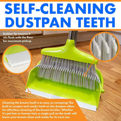 Kickass Heavy Duty Broom And Dustpan Combo Set With Long Commercial Handle For Lobby Kitchen Floor Sweep Up Solid Upright Grip Brush For Quick Interior Clean Up In Green, featuring self-cleaning dustpan teeth.