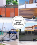 Heavy Duty Solar Sliding Gate Opener For Gates Up To 1300 Pounds With One Quarter HP DC Motor Battery Powered Solar Panel Kit Remote Control Included Easy Install For Automatic Gate Operators And Tough Driveways displayed at various gates
