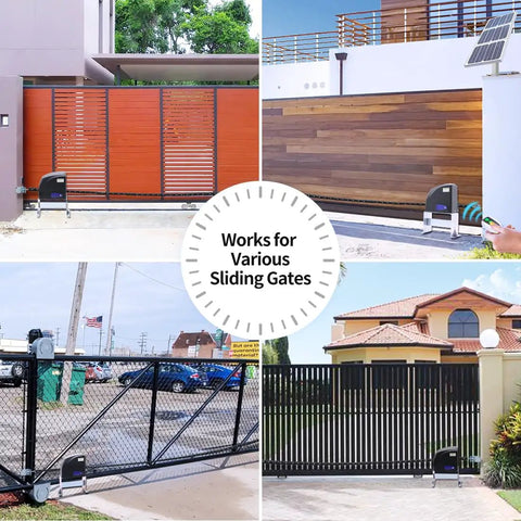 Heavy Duty Solar Sliding Gate Opener For Gates Up To 1300 Pounds With One Quarter HP DC Motor Battery Powered Solar Panel Kit Remote Control Included Easy Install For Automatic Gate Operators And Tough Driveways displayed at various gates