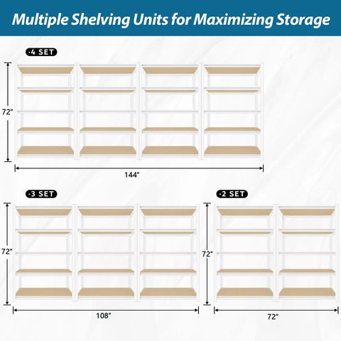 Beefy 5 Tier Metal Closet Shelving Unit With 36W 16D 72H Dimensions Industrial Steel Frame thick wood shelves shown in 4, 3, and 2 set layouts