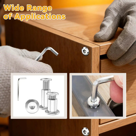 Premium Furniture Fastener Kit Contains 10 Pieces Of 12 Millimeter Flat Head Hex Cap Bolts Paired With Steel Barrel Nuts And Included Allen Wrench, showing installation with an Allen wrench.