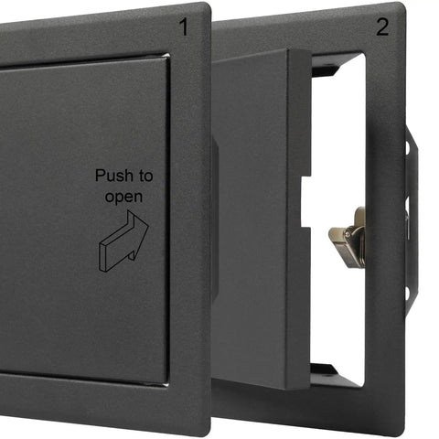 Heavy Hitter Six By Six Inch Galvanized Steel Service Door Featuring Tight Click Hinges, open with push to open indicator.