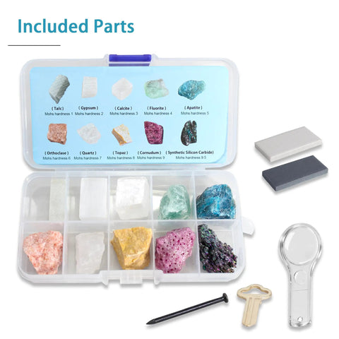 Included parts of Mohs Hardness Test Kit With Ten Mineral Specimens And Two Unglazed Porcelain Streak Plates, Nail, Copper Tool And Hand Lens For Easy Geology And Earth Science Rock Identification And Study