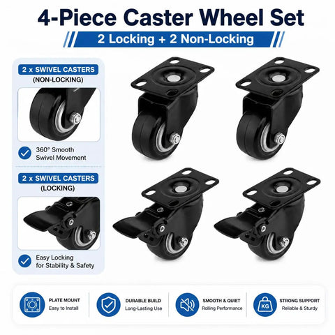 Four Piece Black Swivel Caster Wheel Set Rolls Slick And Tackles Heavy Gear With Zero Sweat Featuring Plate Mount Brackets And Two Foot Brake Locks Paired With Two Free Spinning Units For Any Shop Project