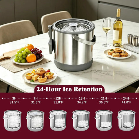 Big Boy 7qt Vacuum Insulated Ice Bucket With Lid And Scoop, Heavy Duty Cold Drink Cooler on table, keeping drinks frosty.