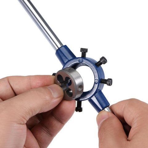 Round Die Stock Handle Wrench Set With 5/8-18 UNF Thread Die And 38mm Die Holder Adjustable shown in hand