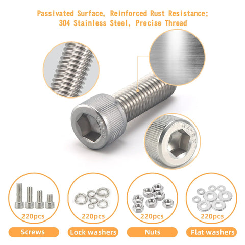 DIY Ready 890 Piece Metric Screw Set With M3 M4 M5 M6 Bolts, Nuts, Lock And Flat Washers, Socket Head Cap Screws, 304 Stainless Steel Hex Hardware Kit In Durable Case For Home And Workshop Projects close-up with screw details.