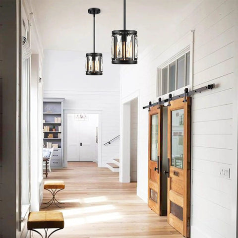 Crystal Drum Pendant Ceiling Light Semi Flush Mount Convertible Fixture For Kitchen Island And Hallway Black Finish With Clear Crystals Modern Lighting For Hallways And Entryways in rustic modern hallway setting.