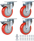 Rock Solid Heavy Duty 4 Inch Pvc Caster Wheels With Double Brake Swivel Plate Set, red wheels and hardware, ideal for workshops and furniture.