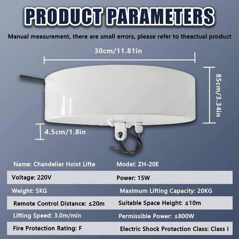 Product parameters for Heavy Duty Electric Chandelier Hoist Lifter System With 19.69ft Stroke Capable Of Handling 20 To 130kg Loads Plus Remote Control.