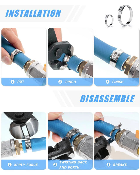 Single-ear stainless 304 hose clamp kit with pincer tool; 210 pcs, 12 sizes 6–36 mm for automotive, plumbing