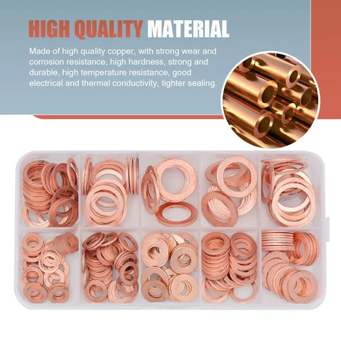 Copper Crush Washer Set for Oil Pan Plugs, 200 Piece Assortment in 9 Sizes, Flat Sealing Washers in a plastic organizer case.