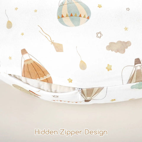 Hot air balloon print on mom-approved ultra soft nursing pillow cover for breastfeeding pillows, hidden zipper design.