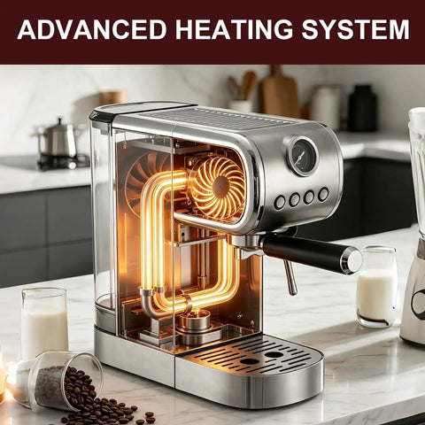 Pro Level 20 Bar Espresso Machine With Hella Smooth Built In Milk Frother Plus Fast Heating Stainless Steel System showcasing advanced heating with visible components.