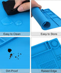 Pro Grade Soldering Mat For Electronics Repair With Magnetic Zones And Heat Resistant Silicone Work Pad showing cleaning, storage, dirt-proof, and edges.