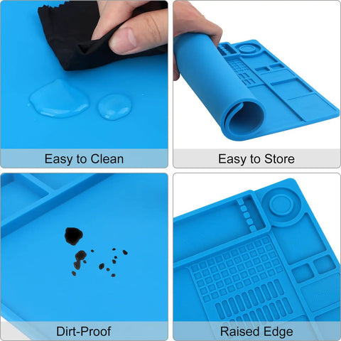 Pro Grade Soldering Mat For Electronics Repair With Magnetic Zones And Heat Resistant Silicone Work Pad showing cleaning, storage, dirt-proof, and edges.