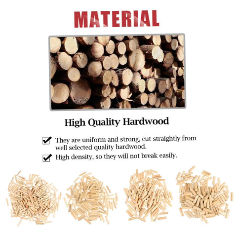 Wood Dowel Pin Kit 500 Pcs Fluted Beveled Hardwood Connectors close-up showing quality hardwood material.