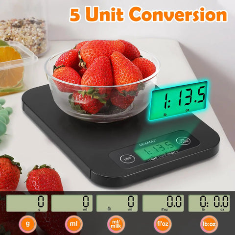 Smart Food Scale With Nutritional Calculator weighing strawberries, digital display in grams with multiple unit options visible.