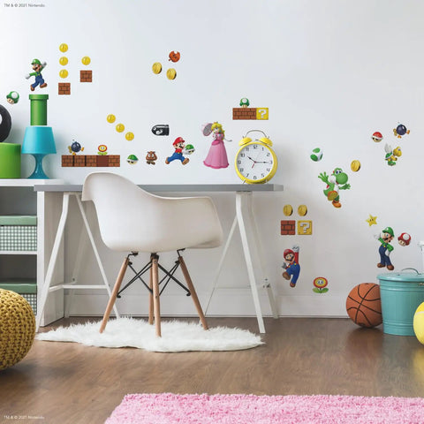 Nintendo New Super Mario Bros Build A Scene Peel And Stick Wall Decals Set Multicolored decor on a kid's game room wall.