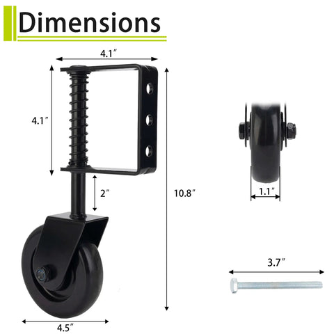 Heavy Duty Gate Wheel Caster With Spring Loaded Mechanism, 360 Degree Swivel Rubber Wheel dimensions and bolt shown
