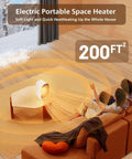 Portable Mini Space Heater With 1000W Heating, 2 Speed Fan, Purple, warming a room with people relaxing on a sofa.