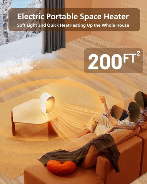 Portable Mini Space Heater With 1000W Heating, 2 Speed Fan, Purple, warming a room with people relaxing on a sofa.