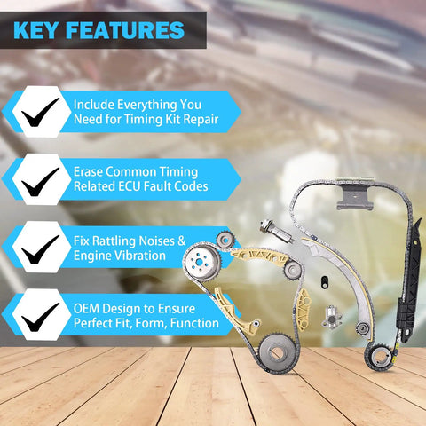 2.4L Ecotec Timing Chain Kit with chain guide tensioner sprockets, key features highlighted, for 2.4L L4 GM engine
