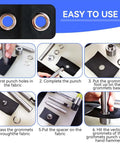 Guide showing steps for using 2mm Copper Grommet Kit With Eyelets And Washers In Plastic Storage Box For Shoes Bags Clothes Crafts