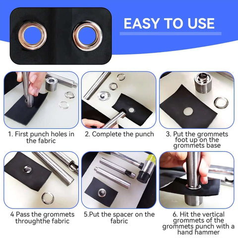 Guide showing steps for using 2mm Copper Grommet Kit With Eyelets And Washers In Plastic Storage Box For Shoes Bags Clothes Crafts