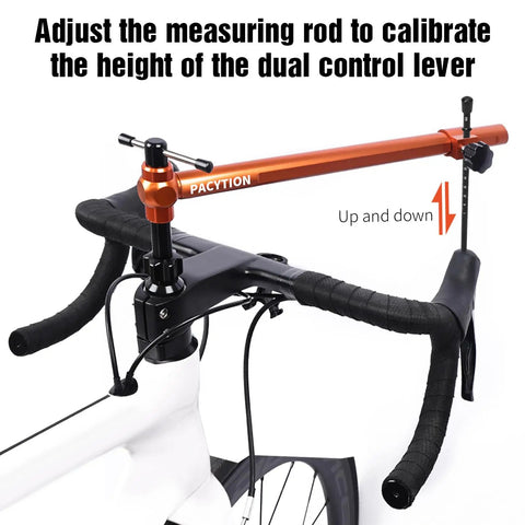 Derailleur Hanger Alignment Gauge And Road Bike Dual Control Lever Alignment Tool on bicycle handlebar showing height adjustment.