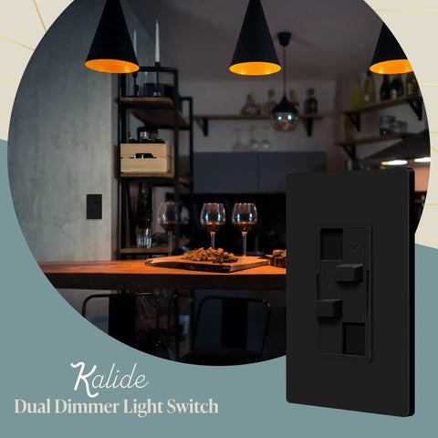 Kalide Dual Load Dimmer Light Switch For LEDs, Full Range Dimming, Single Pole 120V 60Hz, mounted in modern dining room wall.