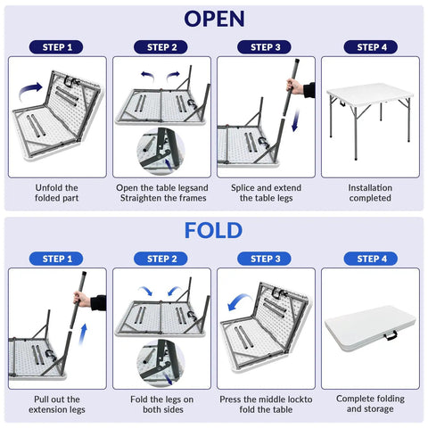 Folding setup instructions for 34-Inch Square Folding Table With Carrying Handle For Indoor Outdoor Picnics Parties Fold-In-Half Design
